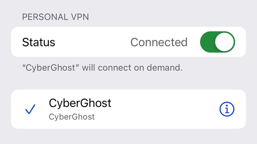  Persoonlijke VPN op iPhone. Ik gebruik CyberGhost. 