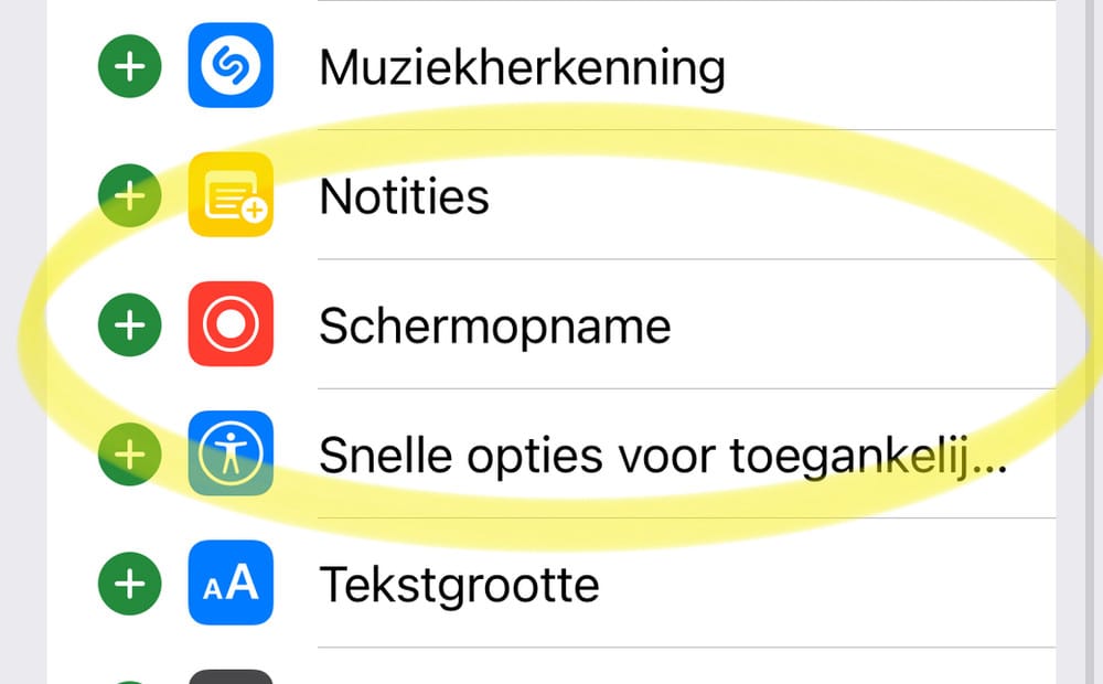 Voorbeeld bij het eenmalig aanzetten van schermopname op de iPhone.