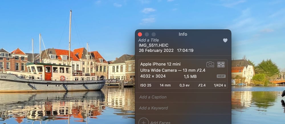 Info over afbeelding in Apple Photo met de HEIC bestandsextensie en het HEIF formaat.