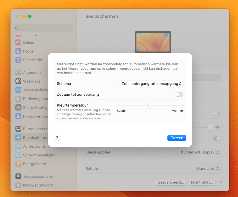 De instellingen voor Night Shift op de Mac.