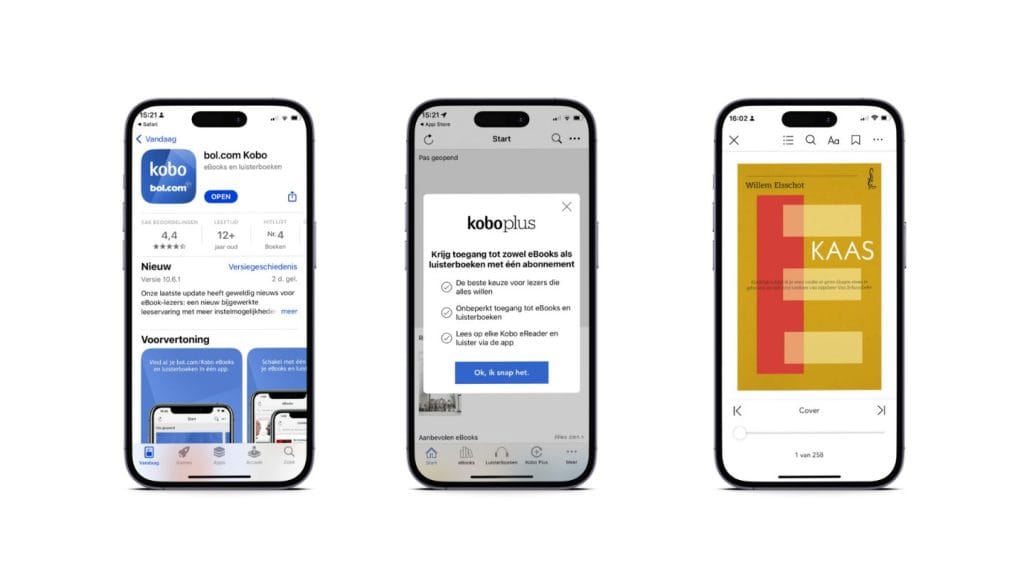 Voorbeeld van de Kobo Plus app op een mobiel scherm.