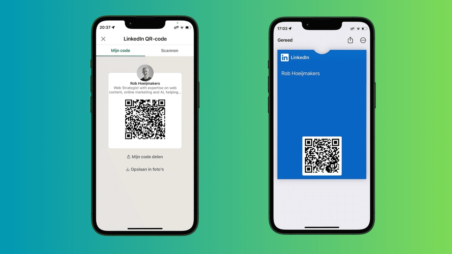 LinkedIn QR code in de app, en de Wallet kaart die ik zelf heb gemaakt.